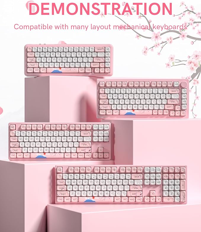 131 Cute Pink Keycaps MOA Cherry Blossom keycap Theme Japanese Keycap Set for Mechanical Keyboard for 61/68/84/87/98/99/100/104/108 Keys,Pink&White(Only Keycap Set)