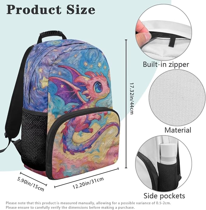 Pink Dragon Cute Backpacks for School Girl with Lunch Box, Starry Night Graphic 17 Inch Bookbag with Lunch Bag 4PCS Set, Elementary School Bag for Kids Age 6-8 Back to School