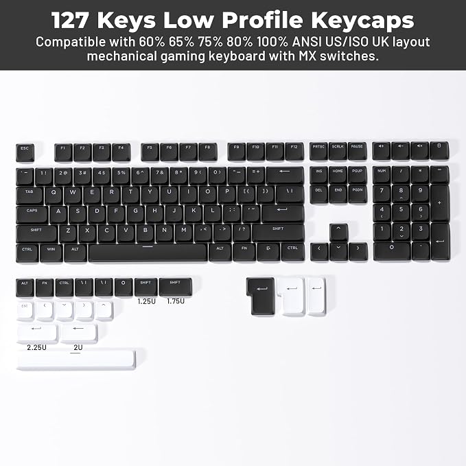 XVX Low Profile Black Keycaps, Shine Through Keycap Sets, Double Shot PBT Keyboard Keycaps Compatibility for 60% 75% 80% 85% 100% MX Switches Mechanical Keyboard- Only Key caps