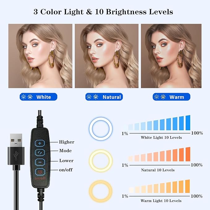 Desk Ring Light with Stand, Amcuke Ring Light with Clip 10W 3000K-6500K Dimmable Travel Desktop Light for Phone Selfie Laptop Zoom Video Makeup Vlog Tiktok Live Streaming