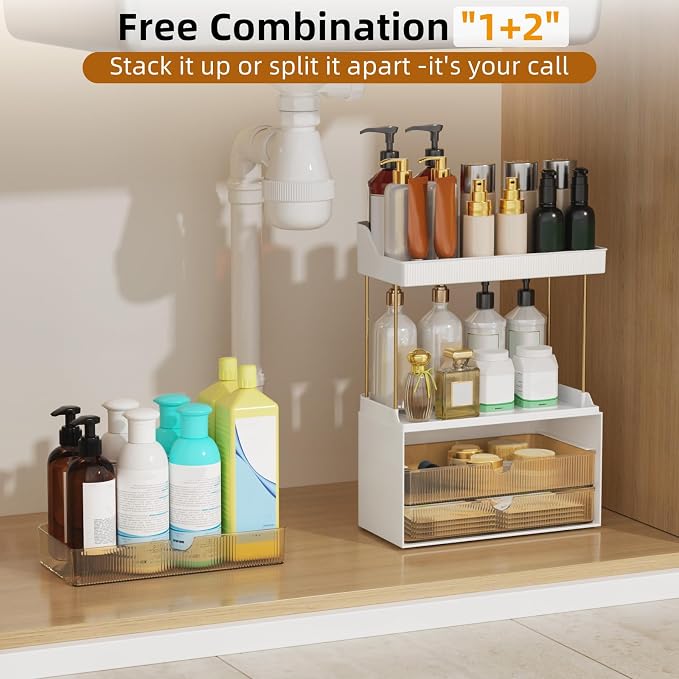 StorBin Arcylic 5-Tier Makeup & Skincare Organizer for Vanity, Bath, 2 Sets | Smooth 3 drawers, clear body, gold frame, non-slip, for perfumes, serums, face masks, palettes, vanity & bath counter,Amber
