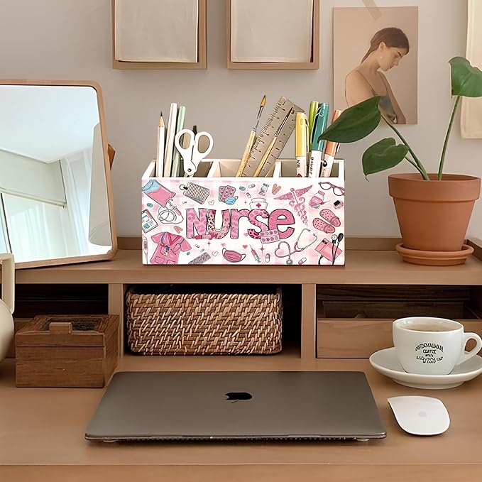 Pink Nurse Pen Holder, Nurses Appreciation Gifts Pencil Holder for Desk, Nurse Office Decor, Nursing Nurses Gifts for Women Wooden Box Sign Decorations for Office Desk Tabletop