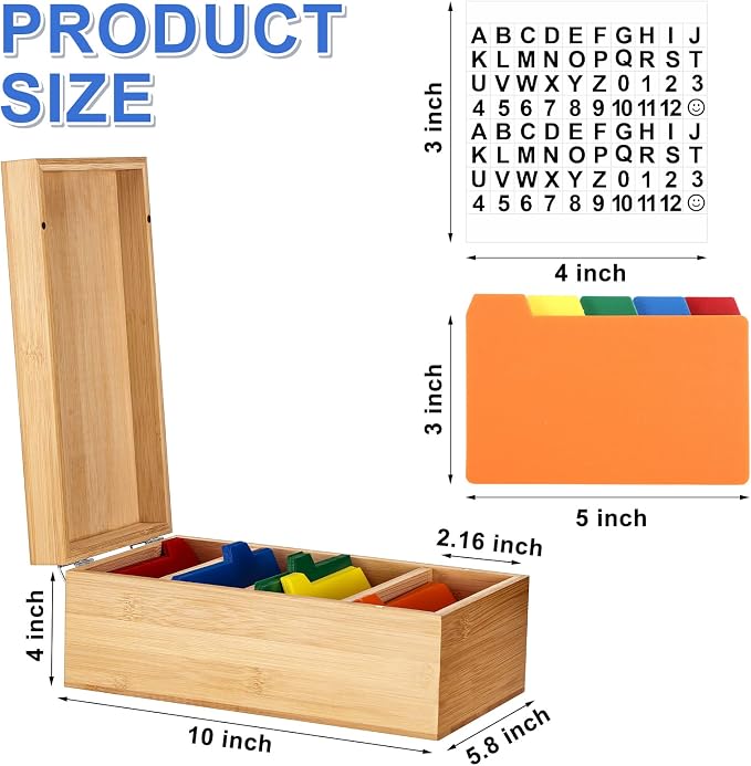 3 x 5 Inch Index Card Holder Set, Bamboo Organizer Box with 50 Dividers & 2 Sheets Alphabet Number Stickers File Note Holders, Holds 1200 Cards for Office Business Home Kitchen, Wooden Color