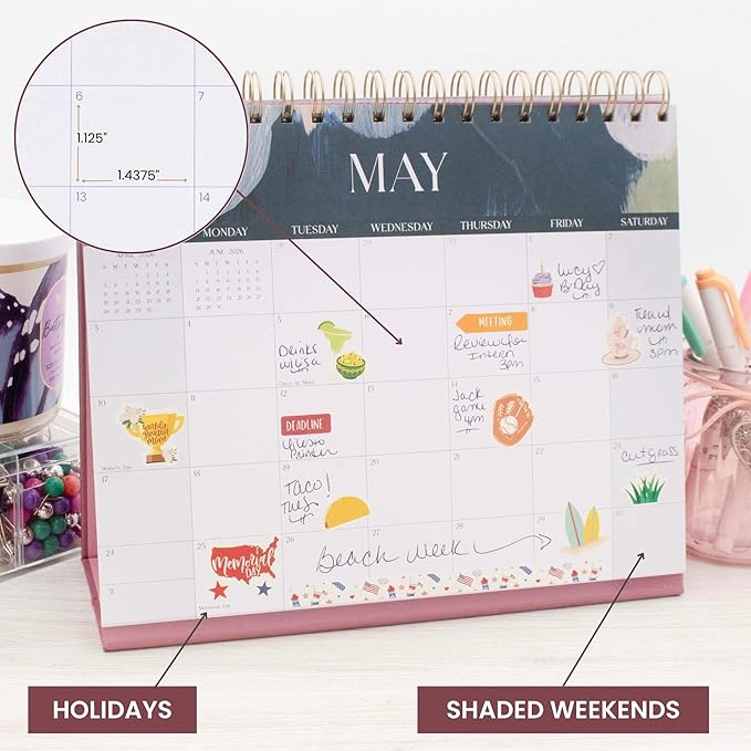 bloom daily planners 2026 Standing Flip Desk Calendar - 8” x 10” Monthly Organizer (January 2026 - July 2027) 19 Month Desktop Blotter - Paint Strokes