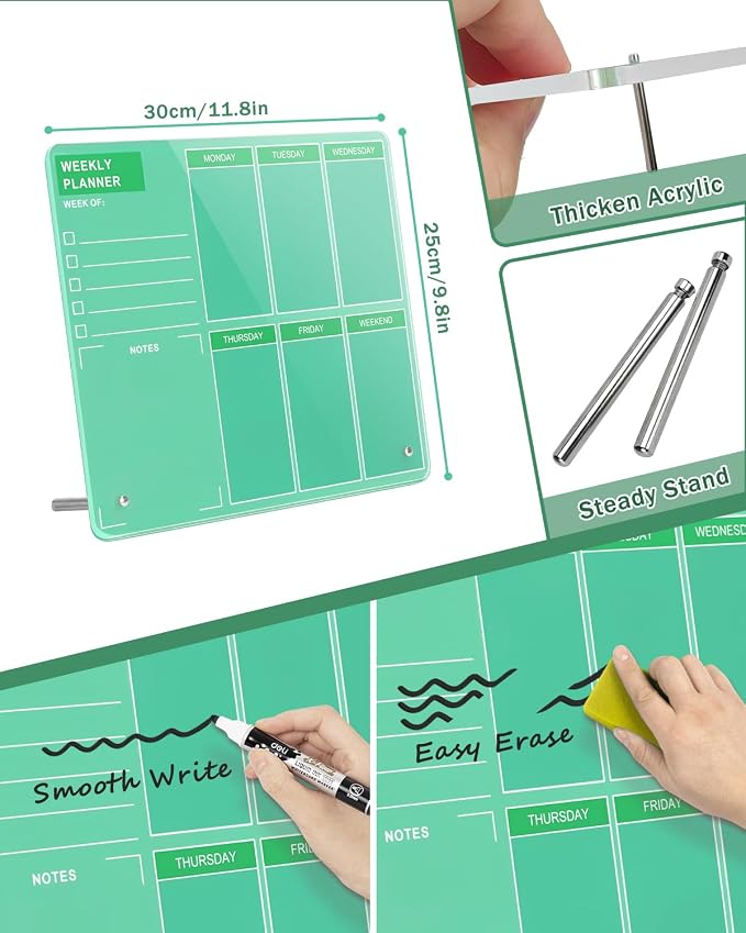 Desktop Thickened Acrylic Dry Erase Board, Weekly White Board with to Do List, Tabletop Whiteboard with Stand, Frameless Dry Erase Green Board，9.8"x11.8" for Office, Home, School(Desktop-GRN-2530)