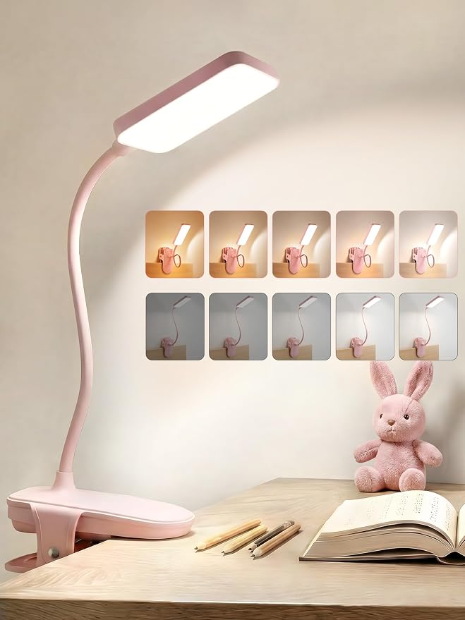 Pink Desk Lamp Cute Reading Light,45 Modes Dimmable Clip on Light with 4000mAh Battery,450 Lumen Rechargeable Desk Lamp with Clamp,Cordless & Wireless Pink Lamp for Girls Room/Kids Bedroom/Dorm/Bed