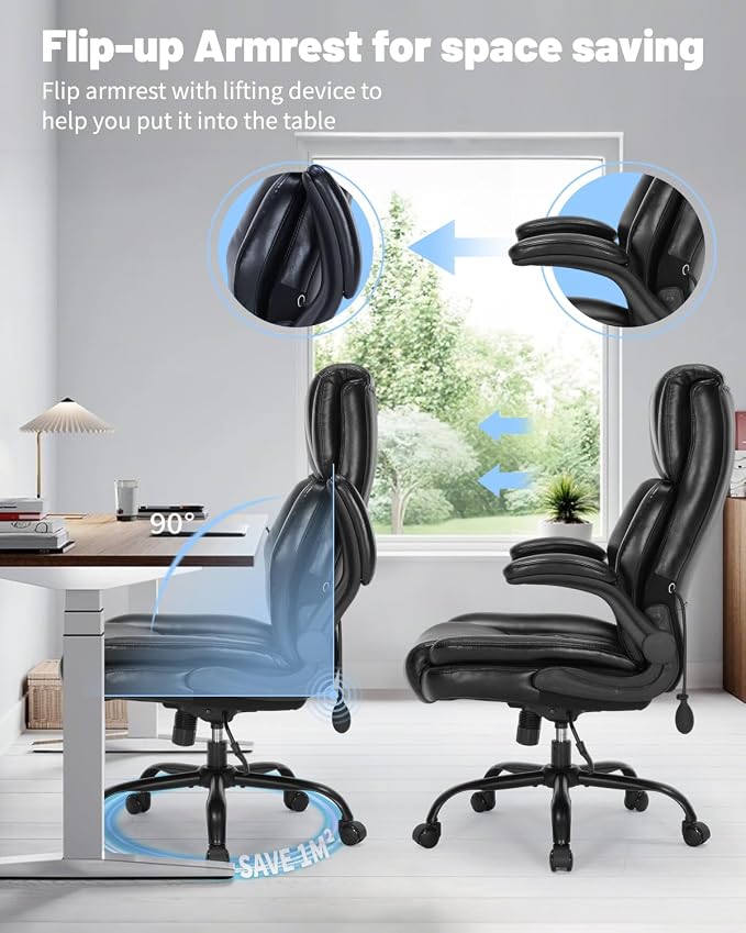 600LBS Large Heavy Duty Office Chair, Big and Tall Office Chair for Heavy People, Executive Desk Chair with Lumbar Support, Computer Desk Chairs with Flip Up Arm