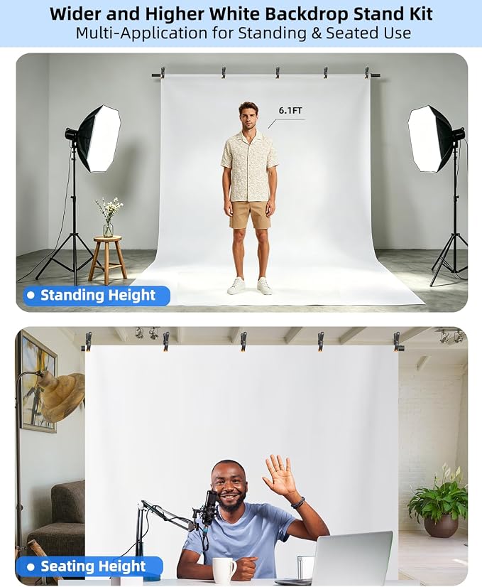 Hemmotop White Photo Backdrop Stand 8x7.5ft, Seamless White Photography Background with Stand Kit for Photoshoot Wedding Birthday Graduation Baby Shower Parties Projector Screen