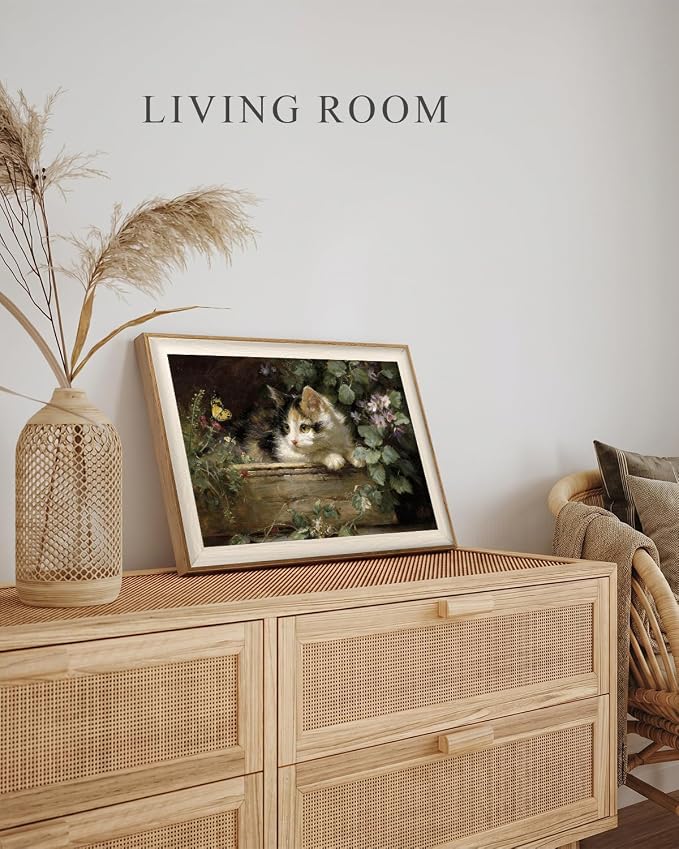 VIYYIEA Framed Wall Art for Living Room, Cute Calico Kitten and Butterfly Canvas Prints, Vintage Farmhouse Oil Painting, Home Decor for Nursery Bedroom Office Kitchen Bathroom, 12x16 Inch