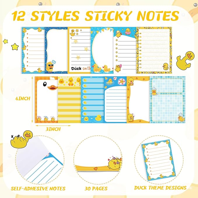 12 Pcs Duck Lovers Sticky Notes Yellow Ducks Self Stick Note Pads Cartoon Animal Writing Memo Pad Office Party Favors Supplies for Home Party Decorations Christmas Small Gifts