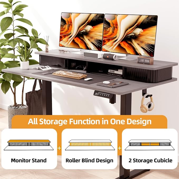 JOY worker 48" Electric Adjustable Standing Desk with Storage Monitor Stand | Grey Computer Desk Height Adjustable with Storage Shelves, Spacious Woskstation, Sit Stand Desk with 2 Hooks for Home Office