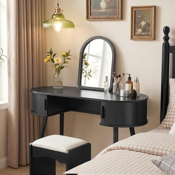 AVZEAR 43" Oval Fluted Home Office Desk, Small Computer Desk Mid Century Modern Vanity Table with Sliding Tambour Door, Wooden Writing Study Desk for Small Spaces, Bedroom, Office(Black)
