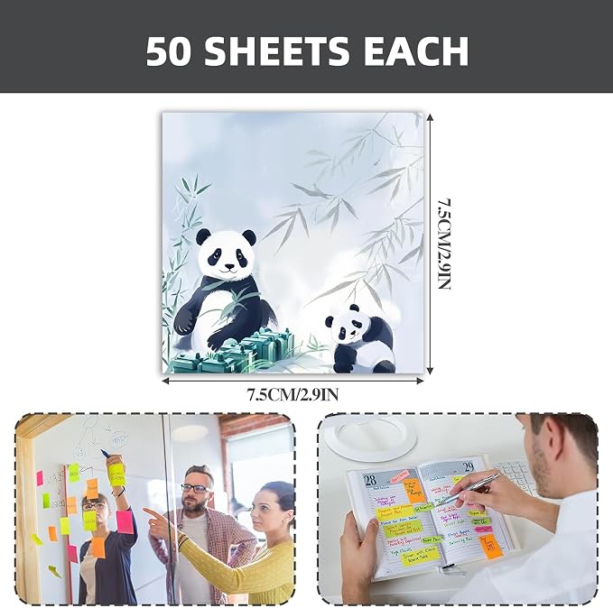Panda 4-Pads 3x3 inch Sticky Notes Set, Cute Memo Pads with High-Adhesive, Pretty Self-Stick Notes, Reusable & Tearable for Journal Planners Office School Home, Bulk Cute Stationery Gift