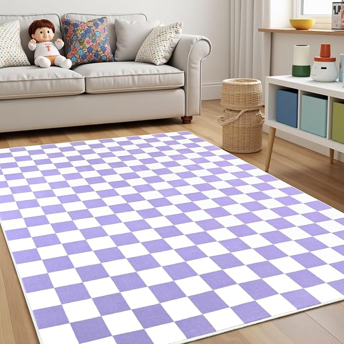 Terrug Purple and White Checkered Rug for Bedroom,4x6 Area Rugs Washable with Non Slip for Living Room,Soft Low Pile Stain Resistance Retro Carpet for Dorm Kids Room