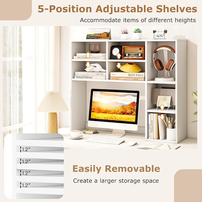 Tangkula Desktop Bookshelf, 37" Countertop Storage Hutch with 7 Cubes & 3 Adjustable Shelves, 3-Tier Desk Display Rack Organizer, Multipurpose Wood Desktop Hutch for Dorm Home Office (White)