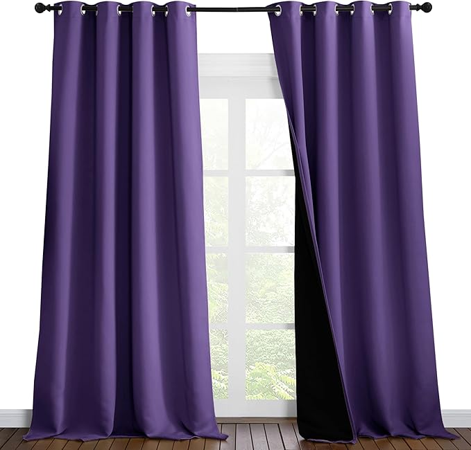 NICETOWN 100% Blackout Blinds, Set of 2, 52 inches x 102 inches, Laundry Room Decor Window Treatment Curtains for Large Patio Sliding Door, Thermal Insulated Lilac Purple Curtains for Bedroom