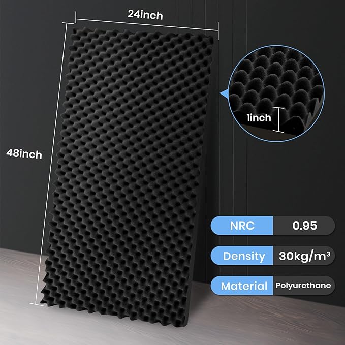 Focusound 1 Pack Acoustic Foam Panels, 48''X24''X1'' Egg Crate Sound Proof Foam, High Density Noise Cancelling Soundproofing Wall Panels for Studio Office Game Room (Black)
