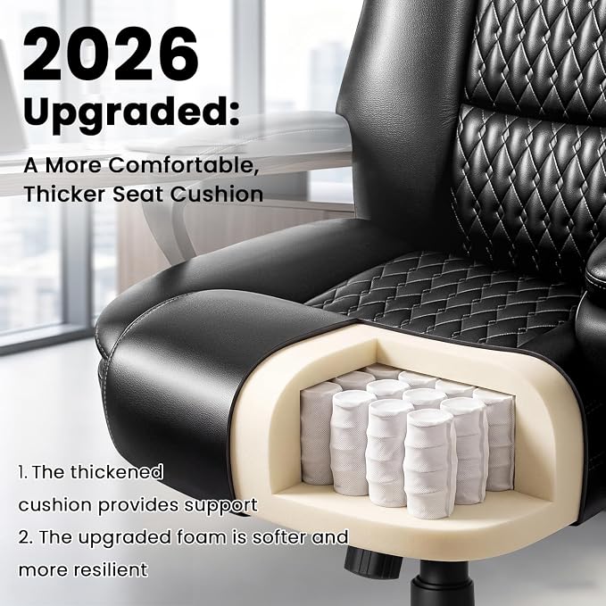 OFIKA Leather Office Desk Chair,Ergonomic Office Chair with Lumbar Support,Computer Chair,Executive Leather Chair with Padded Arm,2026 Upgraded Big and Tall Chair, Black,275LBS
