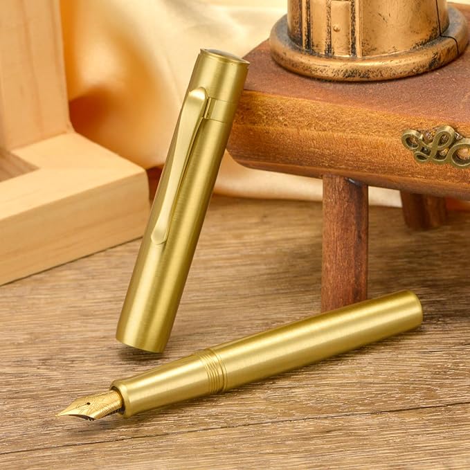 HONG DIAN M2 Mini Brass Fountain Pen with Extra Fine Soft Golden Nib, Sleek Shape Short Pocket Travel Pen (Glossy Brass)