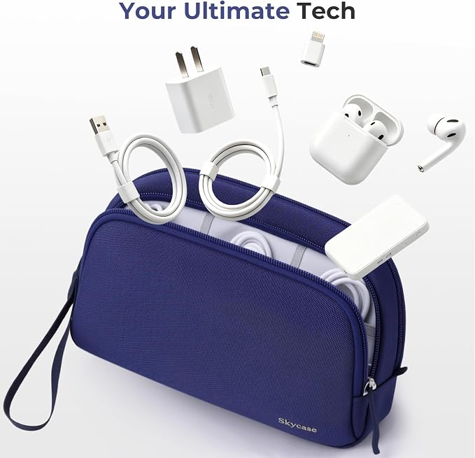 Skycase Travel Cable Organizer - Lightweight Water Resistant Dual-Layer Tech Pouch with Wrist Strap 11 Compartments Electronic Organizer Travel Case for Charger Cord Hard Drive,Large,Blue