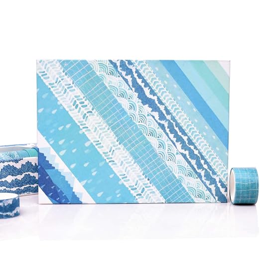 Washi Tape Set of 12 Rolls,Blue Sea Wave Decorative Washi Masking Tape Sets for Craft,Kids,Scrapbook,DIY,Gift Wrapping