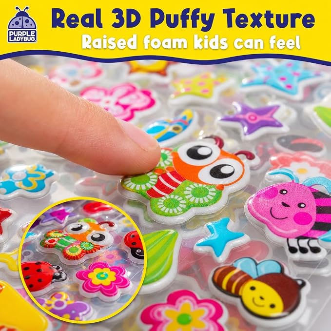 Purple Ladybug 3D Puffy Stickers for Kids - 40 Sheets, 950+ Foam Stickers for Toddler Girls & Boys, Classroom & Teachers Must Haves, Boredom Buster - Back to School Gift for Kindergarten Girls & Boys