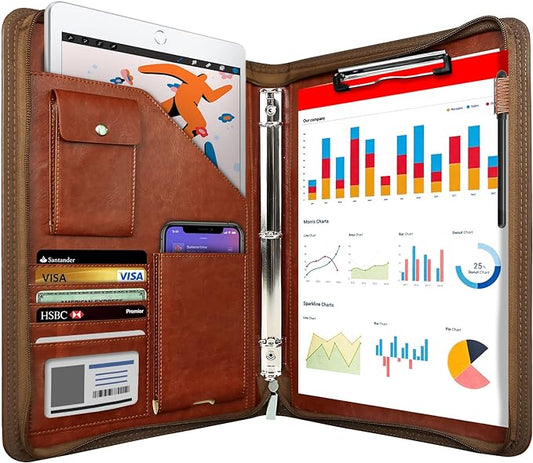 Zippered Portfolio Organizer, WRIYES Leather Padfolio with 3 Ring Binder, Professional Business Binder, Organizer for IPad/Document, Phone & Business Cards, Office Gifts for Men or Women (Brown)