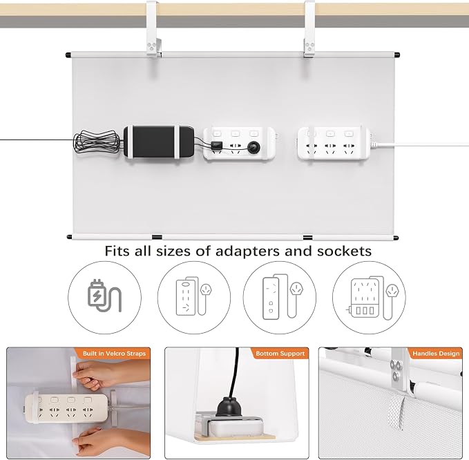 Under Desk Cable Management Tray, 28" Fabric Wire Cord Organizer, White | No Drill Under Table Wire Organizer with 16X Cable Ties for Office/Home, Cord Hider Fit Adapters & Sockets, Clamp/Screw Mount