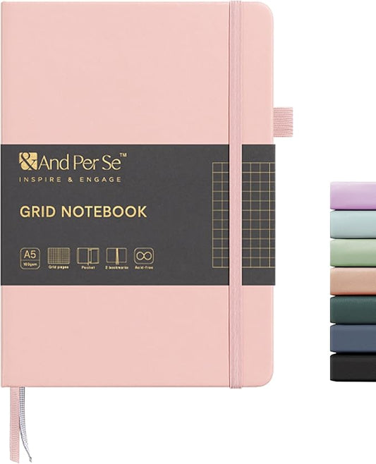 &And Per Se Graph Notebook, 5mm Grid, A5 Hardcover, 160 Pages 100gsm Thick Paper, Grid Journal for Diagrams, Wireframes, CAD Sketches (Pink)