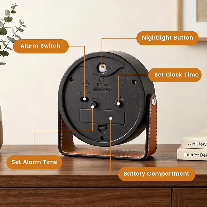 Analog Alarm Clock - 4.5" Silent Non Ticking Small Clock with Light, Rotatable Stand Metal Desk Clock Battery Operated, Simple Design for Living Room Decor/ Bedroom/Bedside/Shelf (Black & Brown)