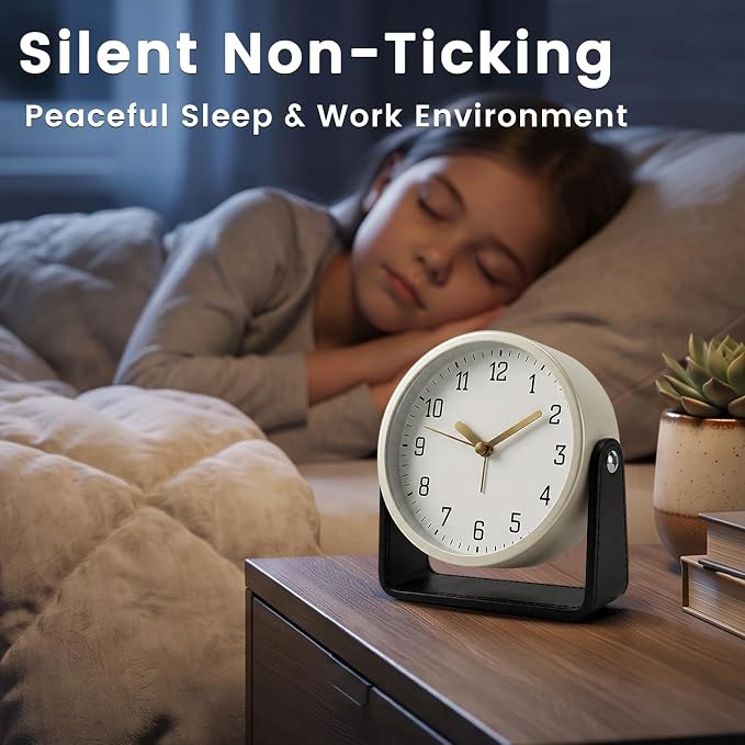 Analog Alarm Clock - 4.5" Silent Non Ticking Small Clock with Light, Rotatable Stand Metal Desk Clock Battery Operated, Simple Design for Living Room Decor/ Bedroom/Bedside/Shelf (Black & White)
