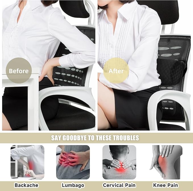 Coeyese Lumbar Roll Pillow for Lower Back Support, Black, Short-11 * 4.3'' | Removable Pillowcase, Upgraded Adjustable Strap, Suitable for Office, Chair, Car, Seat Pain Relief & Improving Posture