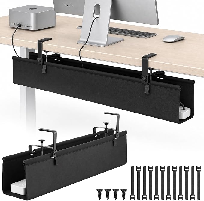 36-Inch Under Desk Cable Management Tray, Clamp or Screw Mount, Black | Fabric Cord Organizer Holds Power Strips, Cables and Adapters, Suitable for Home and Office Desks