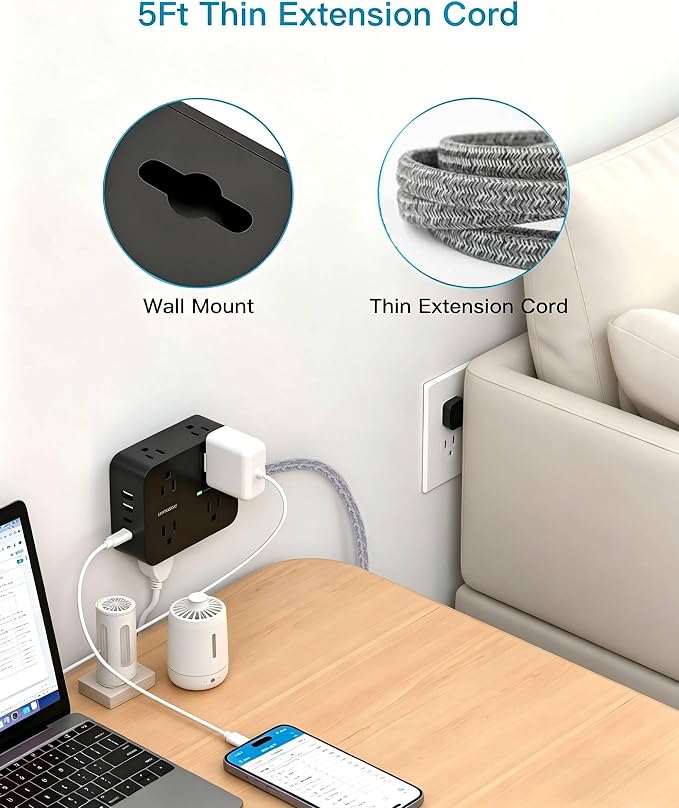 Flat Plug Power Strip Surge Protector, HANYCONY 5 Ft Flat Extension Cord with Multiple Outlets 4 USB C Ports, Multi Plug Outlet Extender Wall Mount for Home Office Desk