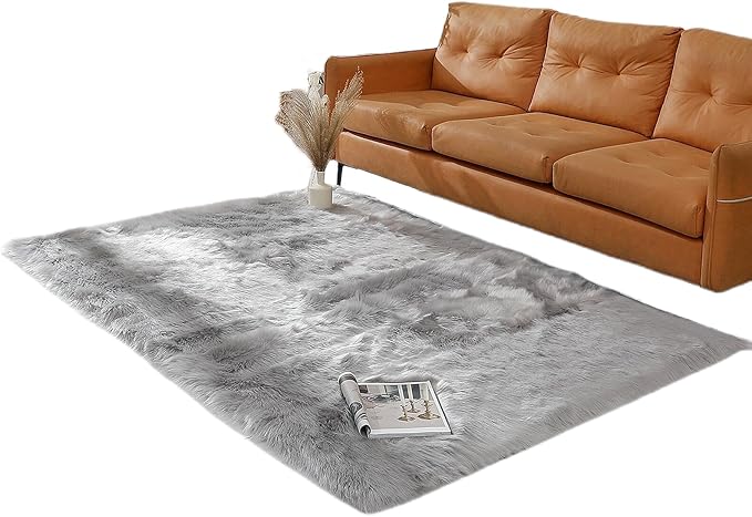 linmopm Faux Fur Rug Sheepskin Grey Shag Fluffy Fuzzy 5x7 ft Rugs for Bedroom Bedside Bed Floor Living Room Plush Rectangle High-Density Cushion Carpet Super Sofa Cover