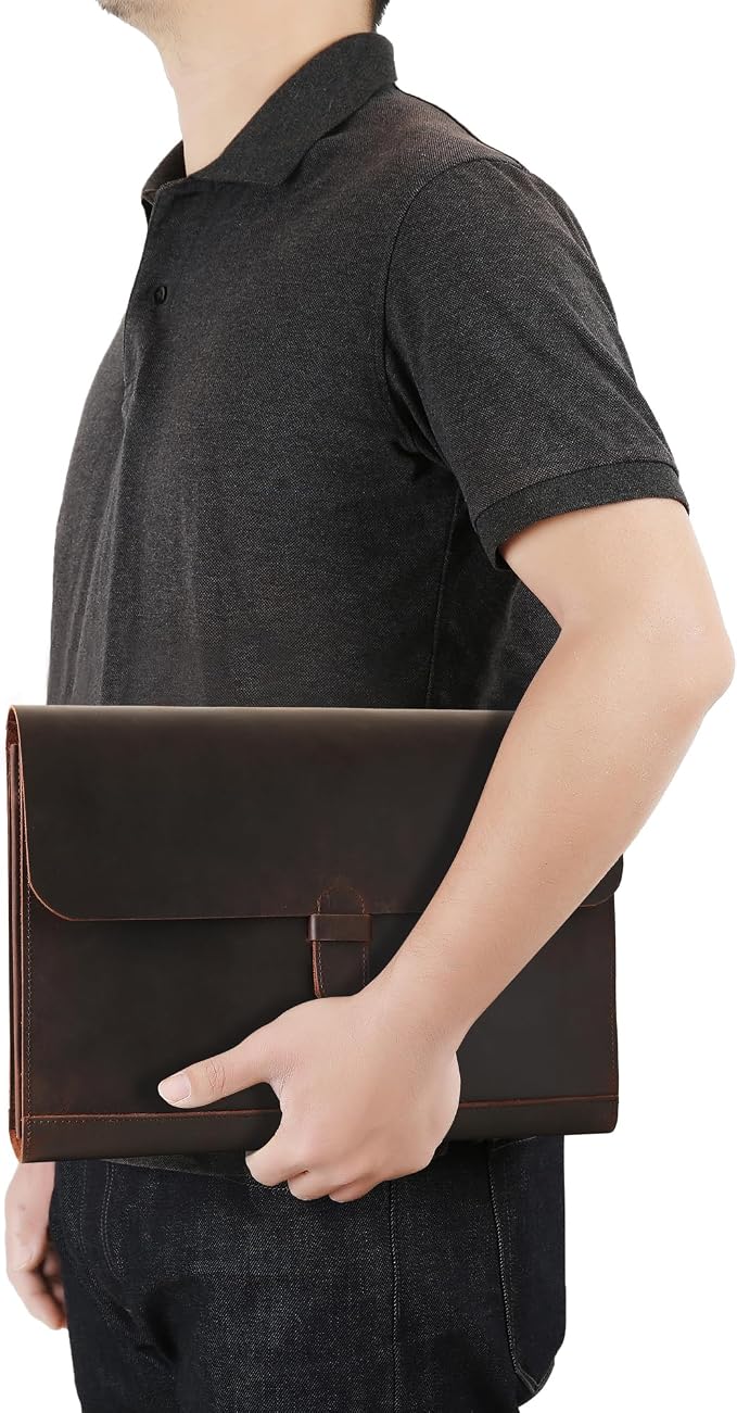 Genuine Leather File Folder, Accordian File Organizer, Leather Document Holder Resume Folio for Men & Women - Dark Brown