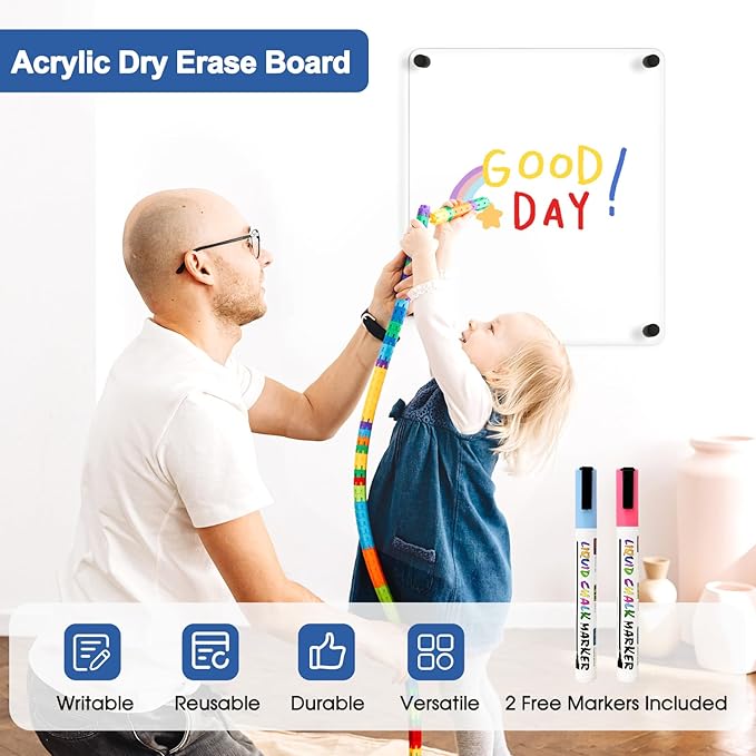 Clear Acrylic Dry Erase Board, 12" X 14" Black Non-Magnetic Frameless Clear White Board for Wall, Erasable Acrylic Board for Wall, Home, Office, School, 2 Markers