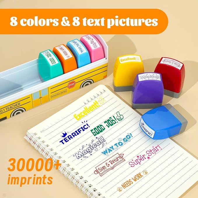 Teacher Stamps for Grading, Teacher Appreciation Gifts, School Bus Self Inking Teacher Stamps Set for Classroom, Back to School Supplies, Motivational Reward Stamps with Sign Return Good Job (8 Pcs)