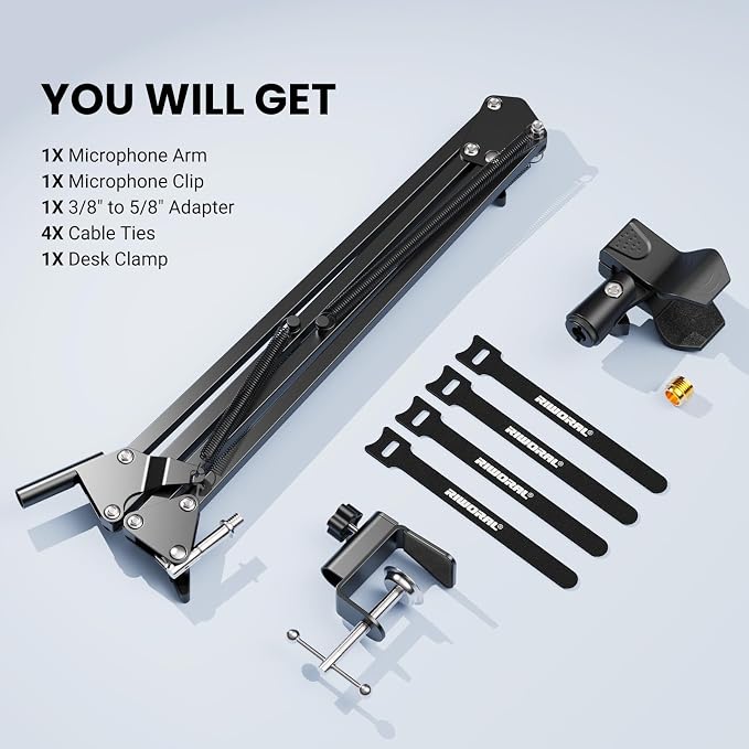 Microphone Arm Stand,Heavy Duty Adjustable Suspension Boom Scissor Microphone Stand with Clamp Clip & 3/8" to 5/8" Adapter and Cable Ties for Podcast, Streaming, Gaming, Recording