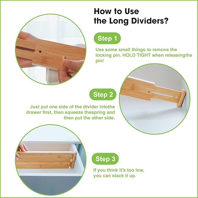 Bamboo Drawer Dividers Organizers 16pcs, Expandable Drawer Separators Splitter, 17-22 inches Long Adjustable Spring-loaded Organizer for Large Utensil, Clothes, Tools Drawers (8+8)