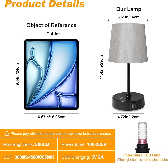Ascher Small Bedside Table lamp Set of 2, RGB Color Changing Lamps, 3 Color Temperatures Nightstand Lamps with USB C and A Ports, Touch Dimmable Desk Lamp for Bedroom Living Room(Grey Shade)
