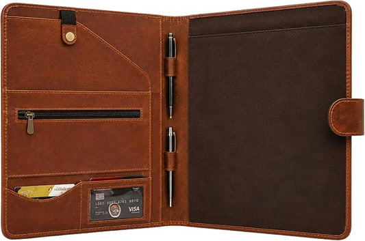 Leather Portfolio Padfolio Organizer – Professional Resume & Interview Portfolio Folder with Zipper Pocket, Card Slots & Pen Holders – Genuine Leather Business Portfolio Binder for Documents