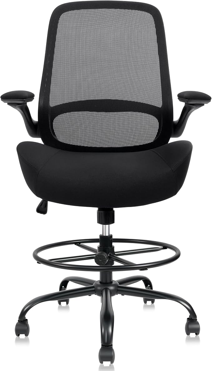 HYLONE 400lbs Big and Tall Heavy Duty Drafting Chair 5" Thickened Seat Tall Office Chair Flip-Up Armrests Ergonomic Chair with Lumbar Support and Adjustable Footrest Ring Standing Desk Chair (Black)