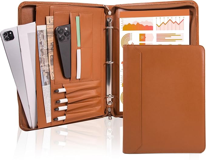 AZXCG Zipper Portfolio Padfolio Binder,3 Ring Padfolio for Women and Men,Business Portfolio Organizer for Women with A4 Writing Pad Holder,Business Portfolio for Meeting,Gift for Father's Day