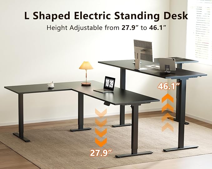 Casaottima 71 Inch Reversible Electric L Shaped Standing Desk, Height Adjustable Corner Stand up Desk, Ergonomic Large Lift Table for Home, Office, Workstation, Reception Room, Black