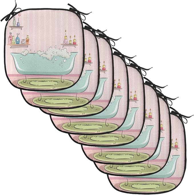 Lunarable Feminine Chair Cushion Pads Set of 8, Illustration of a Bathtub with Bubbles in Girly Room Aroma Oil Aromatherapy, Anti-Slip Seat Padding for Kitchen & Patio, 16"x16", Pink and Blue
