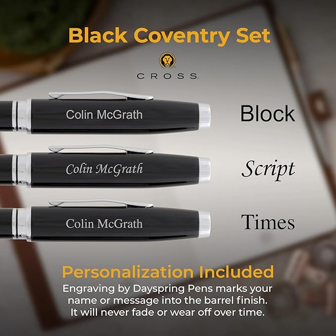 Dayspring Pens Engraved Cross Pen | Personalized Cross Coventry Ballpoint Pen and Pencil Set Black Lacquer. Engraved in Silver. Affordable Luxury Pen in Gift Box. Twist-Action Black Ink.