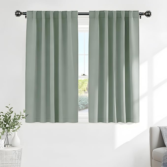 Pony Dance Short Black Out Curtain Panels for Basement, Small Drapes for Bathroom, Thermal Insulated Tiers for Basement, 34x45 inch, 2 Window Curtain Panels, Sage Green