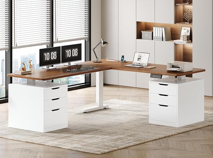 SEDETA L Shaped Electric Standing Desk with 6 Drawers, 66.9" x 57.1" Height Adjustable Stand Up Desk with Power Outlets, 3 Memory Heights, Sit Stand Computer Desk for Home Office, White + Brown
