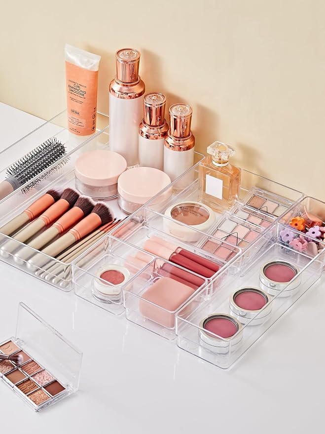 SMARTAKE 30-Piece Drawer Organizer with Non-Slip Silicone Pads, 7-Size | Desk Drawer Organizer Trays Storage Tray for Makeup, Jewelries, Utensils in Bedroom Dresser, Office and Kitchen (Clear)